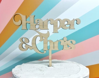 Personalized Wooden Retro Name Wedding Cake Topper, Mid Century Modern Groovy Boho 70s Custom Wedding Cake Topper Bridal Shower Decor