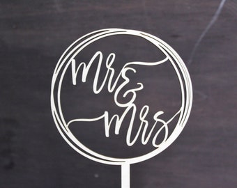 Mr & Mrs madera oro plata oro rosa boda natural circular pastel topper para fuga, lindo rústico occidental elegante pastel de boda topper