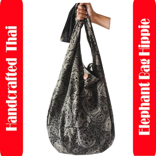 Hippie Crossbody Cotton Bag Thai Top Zip Hobo Sling Bag Handmade Hipster Messenger Shoulder Bag, Black-Gray Elephant Bag Hippie Hobo Bag