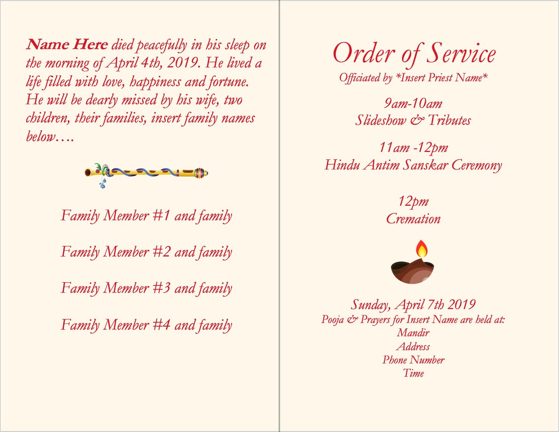 Foldable Hindu Indian Funeral Invitation, Program, Brochure Template