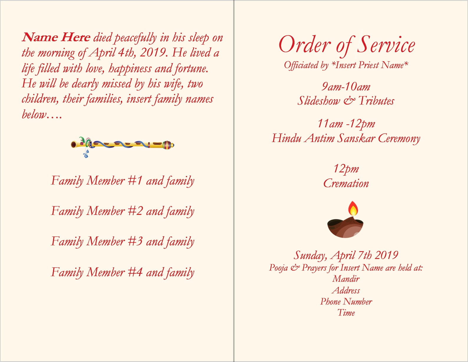 Foldable Hindu Indian Funeral Invitation, Program, Brochure Template