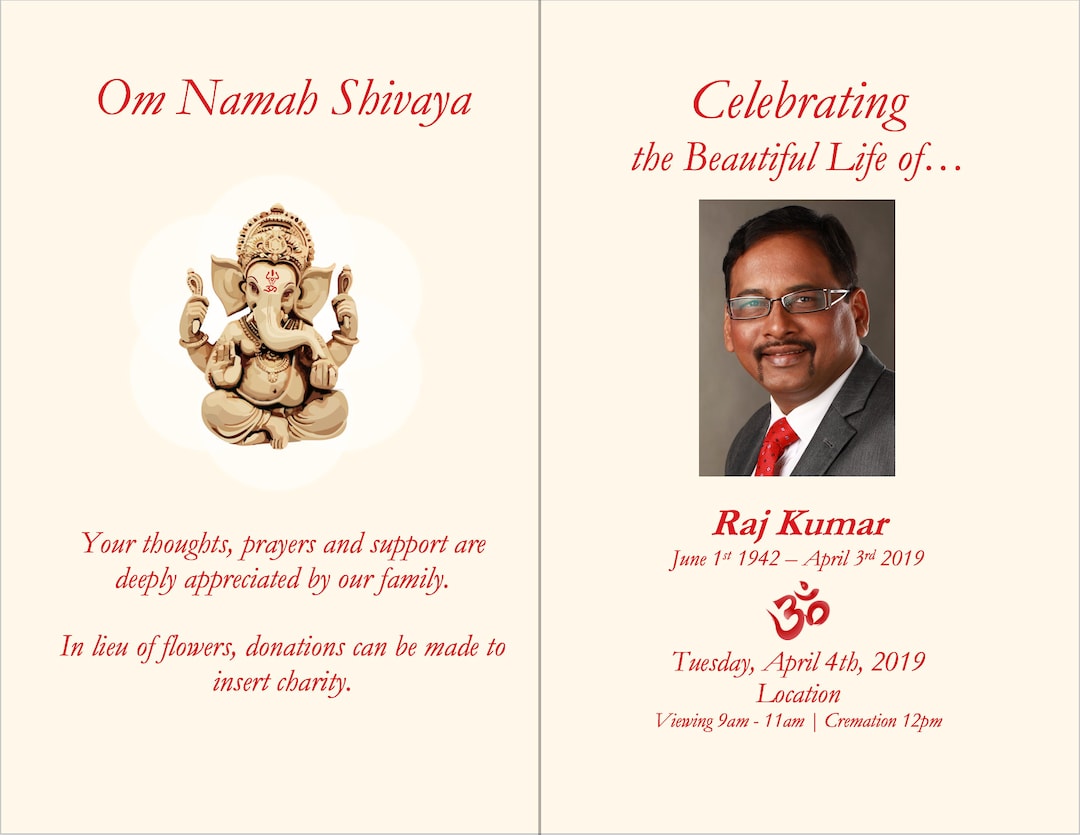 Foldable Hindu Indian Funeral Invitation, Program, Brochure Template