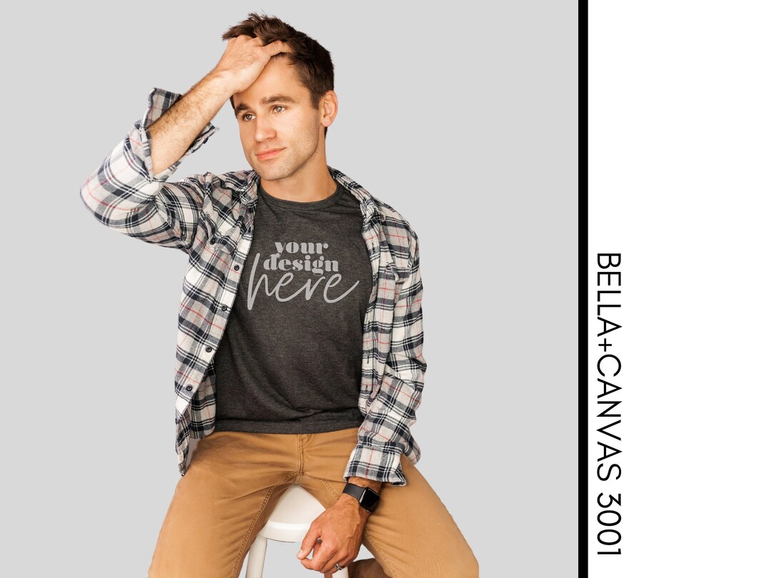 Dark Grey Heather 3001 Bella Canvas Mockup Male Model Tshirt - Etsy