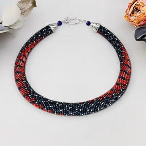 Red Black Snake Bead Crochet Necklace, Python Seed Bead Rope Necklace, Handmade Reptile Jewelry, Statement Crochet Necklace