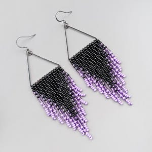 Schwarz Lila Ombre Fransen Rocailles Perlen Ohrringe, Boho Tribal Baumeln Statement Schmuck