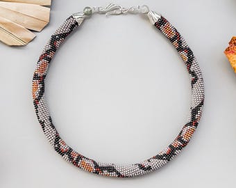 Grey Brown Python Bead Crochet Necklace – Hippie Snake Statement Jewelry – Gothic Beaded Rope Necklace for Women – Unique Gift for Her