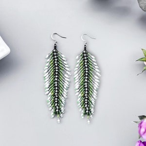 Boho Green Feather Beaded Earrings, Handmade Beadwork Fringe Earrings, Earthy Green Bohemian Jewelry, Statement Indian Feather Bead Earrings