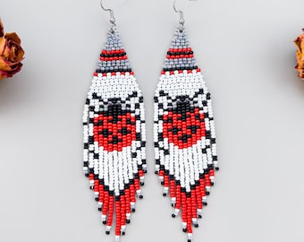 Ladybug Bead Fringe Earrings, Handmade Dangle Jewelry