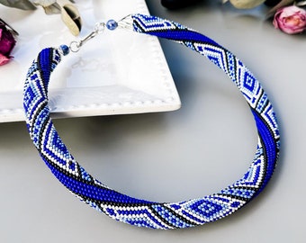 Handmade Bead Crochet Necklace, Winter Women Bead Jewelry, Gift for Her, Mother’s Day, Blue White Seed Bead Statement Necklace, Bead Rope