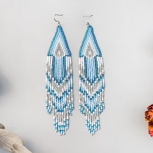 Blue White Bead Fringe Earrings, Handmade Boho Dangle Jewelry, Statement Seed Bead Earrings, Unique Gift for Women, Bohemian Beaded Earrings
