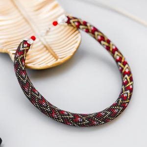 Red Dragon Skin Bead Necklace, Gothic Bead Crochet Rope Jewelry, Red Black Seed Bead Lariat, Unique Reptile Statement Necklace Gift for Her