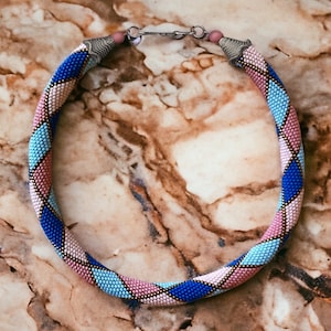 Colorful Bead Necklace – Handmade Bead Crochet Rope Lariat – Geometric Beadwork Choker – Boho Jewelry Gift for Women & Mom