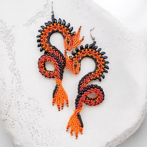 Orange Dragon Beaded Earrings, Gothic Reptile Fringe Dangles, Bold Long Statement Jewelry, Boho Handmade Seed Bead Earrings, Gift for Her