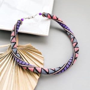 Bohemian geometric pink purple necklace, elegant bead crochet necklace, gift for her, boho summer choker, bead rope jewelry for women gift