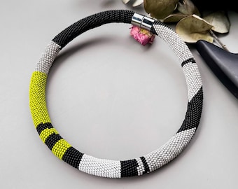 Hippie Style Beaded Necklace, Boho Green Grey Bead Crochet Rope, Bib Crochet Seed Bead Choker, Handmade Black Necklace, Bohemian Jewelry