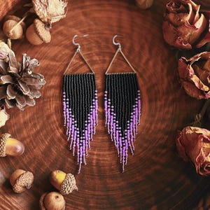 Black purple beaded earrings Long earrings Fringe earrings Ombre earrings Seed bead earrings Chandelier earring Boho beadwork earring Dangle