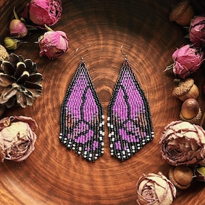 Pink Butterfly Wings Bead Fringe earrings - Boho Beaded jewerly for her - beadwork casual earrings - black pink hippie butterfly earring