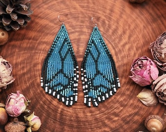Boho Blue Butterfly Wings Dangle Bead Fringe Earrings, Handmade Statement Jewelry, Bohemian Earrings, Boho Chic blue butterfly Gift for Her