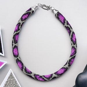 Pink Silver Beaded Snake Necklace, Crochet Rope Statement Jewelry, Gothic Punk Flair