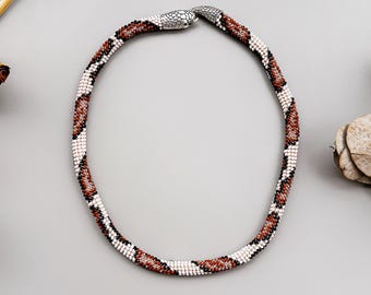 Beige Brown Snake Rope Necklace, Handmade Bead Choker, Reptile Pattern Necklace, Gothic Boho Seed Bead Crochet Rope, Unique Gift for Her