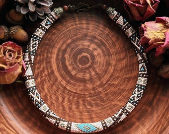 Handmade Seed Bead Necklace, Beige Brown Boho Necklace