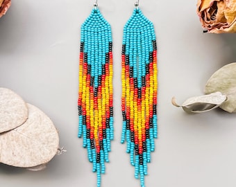 Handwoven Turquoise Blue Beaded Fringe Earrings, Ethnic Tribal American Native Statement Jewelry