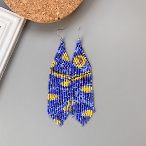 Van Gogh dangle Boho Starlight Night beadwork earrings - handwoven Starry night Bead Fringe Earrings - gift for her - Bead Statement Earring