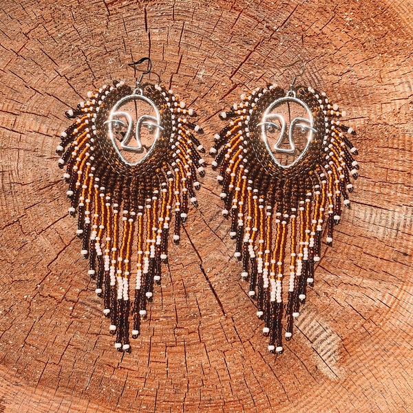 Boho brown Face Fringe Earrings, long Dangle Beaded Earring, hippie Pastel Creative Beadwork, Tassel statement Native American style earring