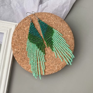 Turquoise Ocean inspired Beaded Fringe Earrings - Christmas gift - Boho girl beadwork jewelry