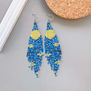 Van Gogh Inspired earrings, Starry night beadwork earrings, Artistic earrings, Van Gogh dangle Boho Starlight Night beadwork earrings gift