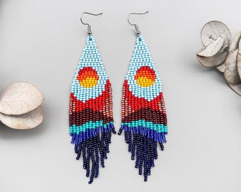 Handmade Sunset Mountain Beaded Fringe Earrings, Nature Jewelry
