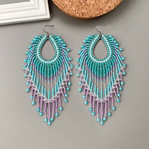 Wunderschöne Statement Ohrringe Lange Lila Blau Ombre Rocailles Perlen Fransen Perlen Ohrringe Hen Party Weihnachtsgeschenk