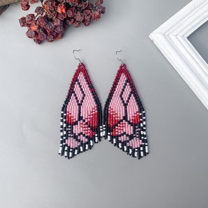 Statement Butterfly Wing Earrings - Handmade pink Butterfly Earrings - Pink wings Beaded Fringe Earrings - Butterfly Jewelry - Birthday gift