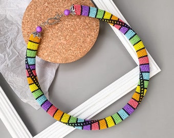 Rainbow Bead Crochet Necklace, Handmade Colorful Statement Jewelry