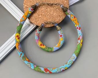 Handmade Beaded crochet necklace and bracelet - Seed Bead statement necklace - Gift for her - Beadwork rope