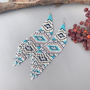 Boho Bead Fringe Earrings, turquoise fringe earrings, long beaded earring, handmade beadwork earrings, Abstract beaded earrings for her gift