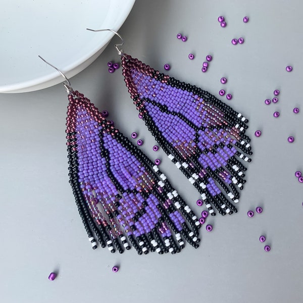 Orecchini Purple Butterfly Wings Bead Fringe - Boho Beaded jewerly for her - orecchini casual perline - orecchini a farfalla hippie viola nero