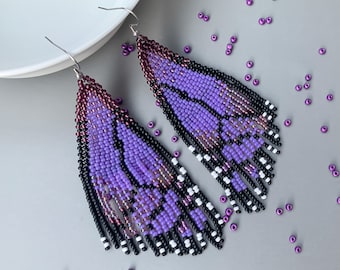 Purple Butterfly Wings Bead Fringe earrings - Boho Beaded jewerly for her - beadwork casual earrings - black purple hippie butterfly earring