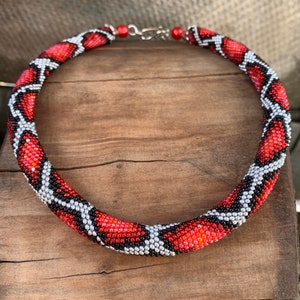 Red Silver Gothic Snake knit Necklace - Seed Bead Crochet Rope - Colorful Handmade Beadwork - Snake reptile print Rope Jewelry Beadweaving