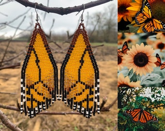 Monarch Butterfly Wings Bead Fringe earrings - christmas gift Beaded earring - beadwork casual earrings - brown orange butterfly earring