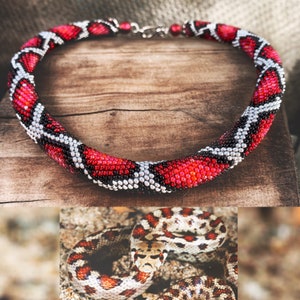 Red Silver Gothic Snake knit Necklace - Seed Bead Crochet Rope - Colorful Handmade Beadwork - Snake reptile print Rope Jewelry Beadweaving