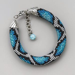 Handmade Azure Blue Snake Bracelet, Beaded Crochet Rope Jewelry