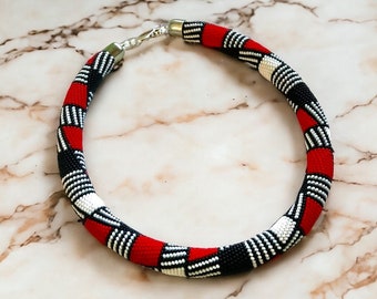 Statement Red black White Crochet beaded necklace, american style elegant geometric crochet rope, seed bead crochet necklace, gift for her