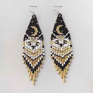 Gold Moon Owl Bead Fringe Earrings, Handmade Boho Dangle Bird Earrings, Black Night Sky Beaded Statement Jewelry, Unique Owl Gift for Her