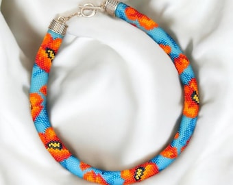 Red Poppies Bead Crochet Floral Necklace, Handmade Beadwork Rope, Bright Colors Beadweaving Jewelry, Statement Lariat, Made-to-Order Gift