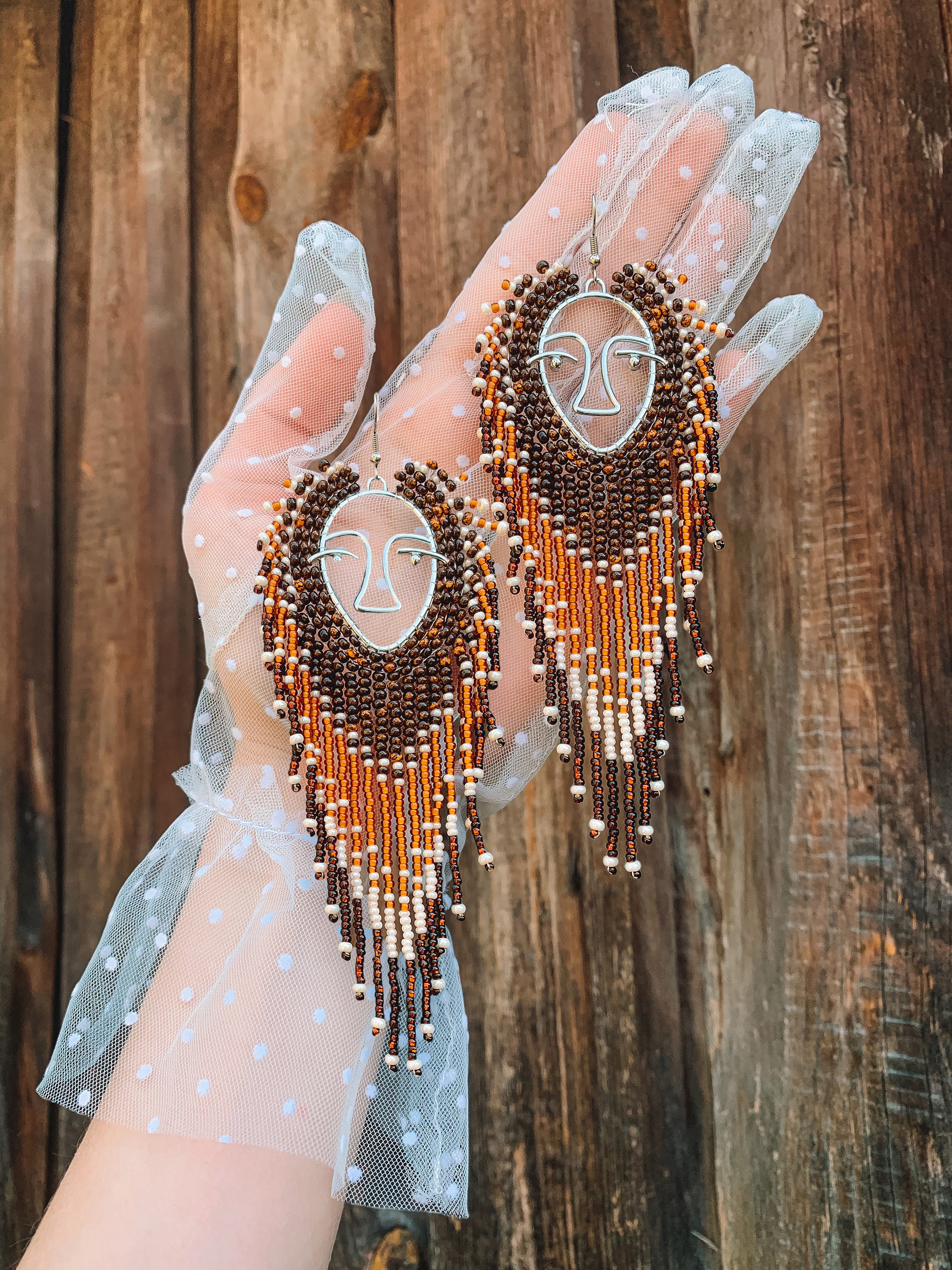 Boho Brown Face Fringe Earrings, Long Dangle Beaded Earring  display picture 3