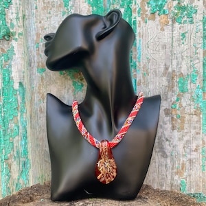 Handmade Red Caramel Beaded crochet necklace with glass pendant - red coral seed beads necklace - choker red rope - unique elegant jewellery