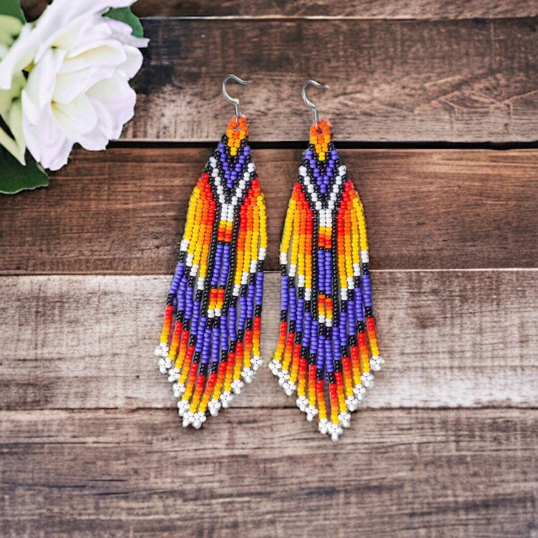 Beadwork Native American Bead Fringe Earrings, Handmade Seed Beaded ...