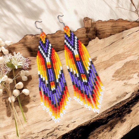 Beadwork native american bead fringe earrings, handmade seed beaded  earrings with tribal design, Modern boho earrings, birthday Gift for her