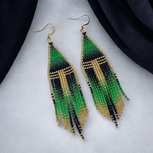 Handmade Green Gold Bead Dangle Earrings Elegant Beaded Earrings Artisan Crafted Jewelry Boho Casual Dressy Occasions Handmade Gift for Her